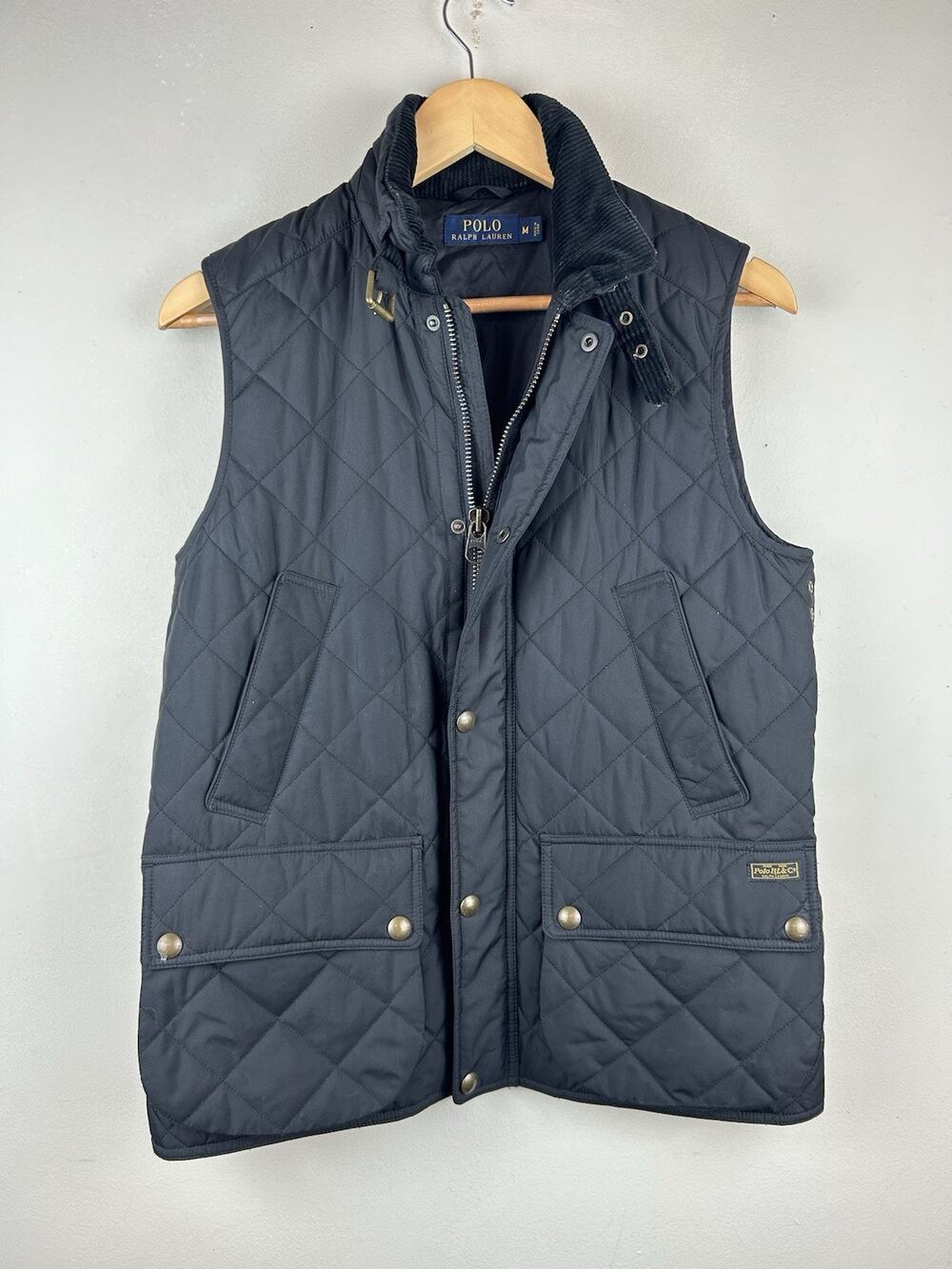 Polo Ralph Lauren Mens Quilted Vest Black Snap Zip Sz M Leather Corduroy Outdoor